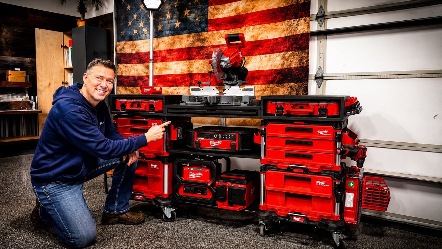 Joshua kneeling beside the PACKOUT storage system he built in his workshop